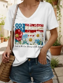 New Women's Patriotic T Shirt Floral Graphic Letter Vintage Stylish Classic Short Sleeve V Neck Regular Tops Daily Weekend Print Black White Pink Blue Purple Summer Spring Women Independence Day Top