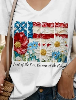 New Women's Patriotic T Shirt Floral Graphic Letter Vintage Stylish Classic Short Sleeve V Neck Regular Tops Daily Weekend Print Black White Pink Blue Purple Summer Spring Women Independence Day Top