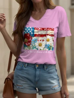New Women's Patriotic T Shirt Floral Graphic Letter Vintage Stylish Classic Short Sleeve V Neck Regular Tops Daily Weekend Print Black White Pink Blue Purple Summer Spring Women Independence Day Top