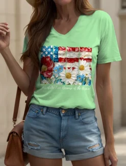 New Women's Patriotic T Shirt Floral Graphic Letter Vintage Stylish Classic Short Sleeve V Neck Regular Tops Daily Weekend Print Black White Pink Blue Purple Summer Spring Women Independence Day Top