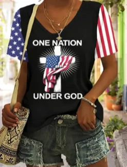 Best Women's Patriotic T Shirt Graphic Flag Vintage Stylish Classic Short Sleeve V Neck Regular Tops Daily Print Black Red Summer Spring Women Independence Day Top