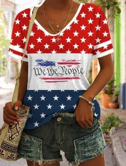 Best Women's Patriotic T Shirt Graphic Flag Vintage Stylish Classic Short Sleeve V Neck Regular Tops Daily Print Black Red Summer Spring Women Independence Day Top