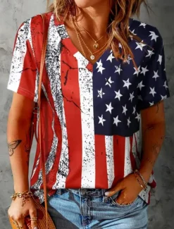 Women's Patriotic T Shirt Graphic American Flag Vintage Stylish Modern Short Sleeve V Neck Regular Tops Daily Weekend Print Summer Spring Women Independence Day Top