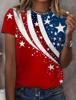 Best Women's Patriotic T Shirt Graphic Flag Vintage Stylish Classic Short Sleeve Crew Neck Regular Tops Daily Weekend Print Summer Women Independence Day Top