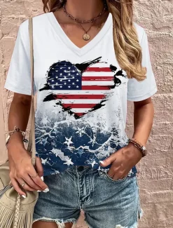 Sale Women's Patriotic T Shirt Heart Graphic American Flag Vintage Stylish Classic Short Sleeve V Neck Regular Tops Daily Print Summer Spring Women Independence Day Top
