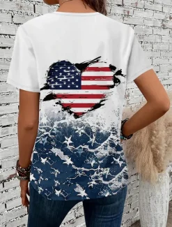 Sale Women's Patriotic T Shirt Heart Graphic American Flag Vintage Stylish Classic Short Sleeve V Neck Regular Tops Daily Print Summer Spring Women Independence Day Top