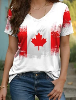 New Women's Patriotic T Shirt Graphic Flag Vintage Stylish Casual Short Sleeve V Neck Regular Tops Daily Weekend Print White Red Summer Spring Women Independence Day Top