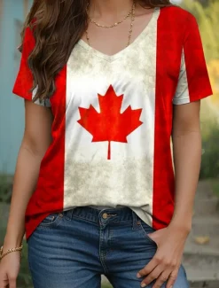 New Women's Patriotic T Shirt Graphic Flag Vintage Stylish Casual Short Sleeve V Neck Regular Tops Daily Weekend Print White Red Summer Spring Women Independence Day Top
