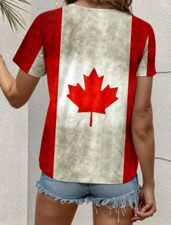 New Women's Patriotic T Shirt Graphic Flag Vintage Stylish Casual Short Sleeve V Neck Regular Tops Daily Weekend Print White Red Summer Spring Women Independence Day Top