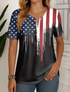 New Women's Patriotic T Shirt Graphic Flag Vintage Stylish Classic Short Sleeve Round Neck Regular Tops Daily Weekend Beach Wear Buttons Smocked Print Black Red Women Independence Day Top