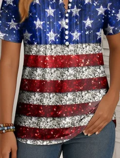 New Women's Patriotic T Shirt Graphic Flag Vintage Stylish Classic Short Sleeve Round Neck Regular Tops Daily Weekend Beach Wear Buttons Smocked Print Black Red Women Independence Day Top