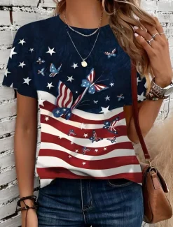 Hot Women's Patriotic T Shirt Graphic Flag Vintage Stylish Classic Short Sleeve Crew Neck Round Neck Regular Tops Daily Weekend Print Black White Navy Blue Royal Blue Women Independence Day Top