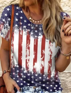 Hot Women's Patriotic T Shirt Graphic Flag Vintage Stylish Classic Short Sleeve Crew Neck Round Neck Regular Tops Daily Weekend Print Black White Navy Blue Royal Blue Women Independence Day Top
