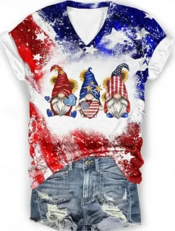 New Women's Patriotic T Shirt Casual Print Short Sleeve Regular Tops V Neck Daily Summer Women Independence Day Top