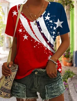 Online Women's Patriotic T Shirt Graphic American Flag Vintage Stylish Casual Short Sleeve V Neck Regular Tops Daily Weekend Print Summer Women Independence Day Top