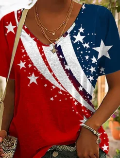 Online Women's Patriotic T Shirt Graphic American Flag Vintage Stylish Casual Short Sleeve V Neck Regular Tops Daily Weekend Print Summer Women Independence Day Top