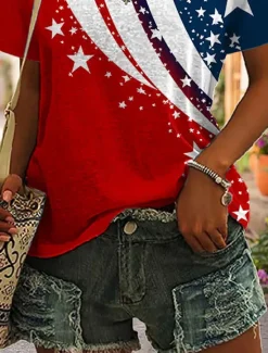 Online Women's Patriotic T Shirt Graphic American Flag Vintage Stylish Casual Short Sleeve V Neck Regular Tops Daily Weekend Print Summer Women Independence Day Top