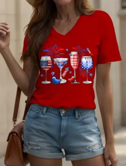 Best Women's Patriotic T Shirt Heart Graphic Star Vintage Stylish Classic Short Sleeve V Neck Regular Tops Daily Weekend Print Black White Red Blue Purple Summer Spring Women Independence Day Top