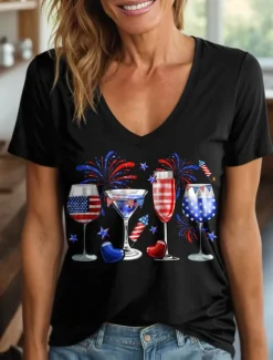 Best Women's Patriotic T Shirt Heart Graphic Star Vintage Stylish Classic Short Sleeve V Neck Regular Tops Daily Weekend Print Black White Red Blue Purple Summer Spring Women Independence Day Top