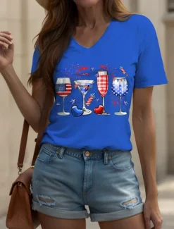 Best Women's Patriotic T Shirt Heart Graphic Star Vintage Stylish Classic Short Sleeve V Neck Regular Tops Daily Weekend Print Black White Red Blue Purple Summer Spring Women Independence Day Top