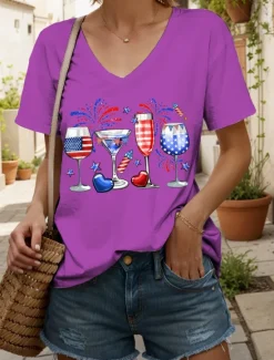 Best Women's Patriotic T Shirt Heart Graphic Star Vintage Stylish Classic Short Sleeve V Neck Regular Tops Daily Weekend Print Black White Red Blue Purple Summer Spring Women Independence Day Top