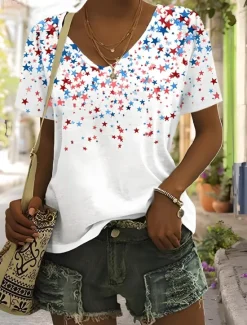 Outlet Women's Patriotic T Shirt Graphic Plants American Flag Vintage Stylish Classic Short Sleeve V Neck Regular Tops Daily Weekend Print Black White Summer Spring Women Independence Day Top