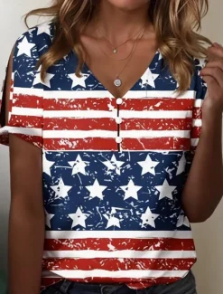 Clearance Women's Patriotic T Shirt Graphic American Flag Stylish Modern Casual Short Sleeve V Neck Regular Tops Daily Weekend Print Summer Spring Women Independence Day Top