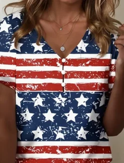 Clearance Women's Patriotic T Shirt Graphic American Flag Stylish Modern Casual Short Sleeve V Neck Regular Tops Daily Weekend Print Summer Spring Women Independence Day Top