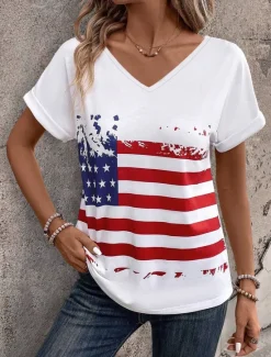 Discount Women's Patriotic T Shirt American Flag Print V Neck Red White And Blue Short Sleeve Casual Summer Tee Red White Blue Comfortable Lightweight Top for Daily Wear Women Independence Day Top