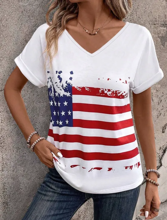 Discount Women's Patriotic T Shirt American Flag Print V Neck Red White And Blue Short Sleeve Casual Summer Tee Red White Blue Comfortable Lightweight Top for Daily Wear Women Independence Day Top