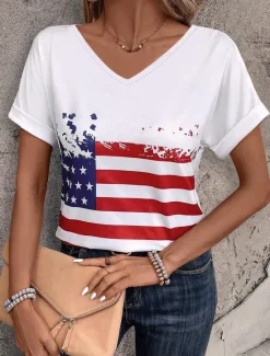 Discount Women's Patriotic T Shirt American Flag Print V Neck Red White And Blue Short Sleeve Casual Summer Tee Red White Blue Comfortable Lightweight Top for Daily Wear Women Independence Day Top