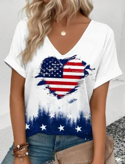Discount Women's Patriotic T Shirt American Flag Print V Neck Red White And Blue Short Sleeve Casual Summer Tee Red White Blue Comfortable Lightweight Top for Daily Wear Women Independence Day Top