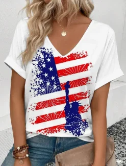 Discount Women's Patriotic T Shirt American Flag Print V Neck Red White And Blue Short Sleeve Casual Summer Tee Red White Blue Comfortable Lightweight Top for Daily Wear Women Independence Day Top