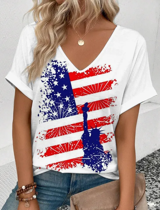 Discount Women's Patriotic T Shirt American Flag Print V Neck Red White And Blue Short Sleeve Casual Summer Tee Red White Blue Comfortable Lightweight Top for Daily Wear Women Independence Day Top