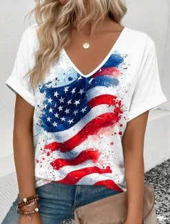 Discount Women's Patriotic T Shirt American Flag Print V Neck Red White And Blue Short Sleeve Casual Summer Tee Red White Blue Comfortable Lightweight Top for Daily Wear Women Independence Day Top