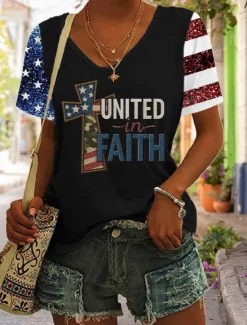 Outlet Women's Patriotic T Shirt Graphic Flag Vintage Stylish Casual Short Sleeve V Neck Regular Tops Daily Print Black White Blue Gray Summer Spring Women Independence Day Top