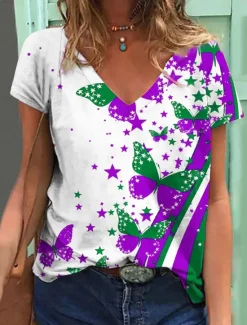 Clearance Women's Patriotic T Shirt Graphic Flag Butterfly Vintage Stylish Classic Short Sleeve V Neck Regular Tops Daily Print Red Purple Orange Summer Spring Women Independence Day Top