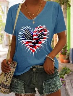 Hot Women's Patriotic T Shirt Graphic Flag American Flag Vintage Stylish Classic Short Sleeve V Neck Regular Tops Daily Weekend Print Black White Red Blue Green Women Independence Day Top