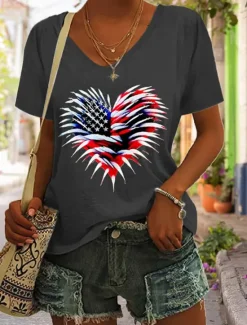 Hot Women's Patriotic T Shirt Graphic Flag American Flag Vintage Stylish Classic Short Sleeve V Neck Regular Tops Daily Weekend Print Black White Red Blue Green Women Independence Day Top