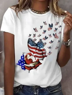 Outlet Women's Patriotic T Shirt Graphic Flag American Flag Vintage Stylish Classic Short Sleeve Crew Neck Regular Tops Daily Weekend Print Black White Blue Summer Spring Women Independence Day Top