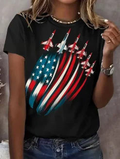 Outlet Women's Patriotic T Shirt Graphic Flag American Flag Vintage Stylish Classic Short Sleeve Crew Neck Regular Tops Daily Weekend Print Black White Blue Summer Spring Women Independence Day Top