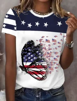 Outlet Women's Patriotic T Shirt Graphic Flag American Flag Vintage Stylish Classic Short Sleeve Crew Neck Regular Tops Daily Weekend Print Black White Blue Summer Spring Women Independence Day Top