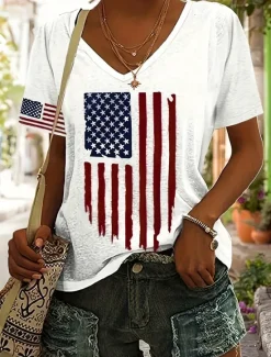 Clearance Women's Patriotic T Shirt Flag Casual Red And Blue Short Sleeve V Neck Regular Tops Daily Print Summer Women Independence Day Top