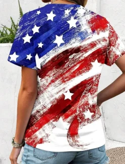 Discount Women's Patriotic T Shirt Graphic Flag Vintage Stylish Classic Red White And Blue Short Sleeve Crew Neck Round Neck Regular Tops Daily Print Summer Spring Women Independence Day Top
