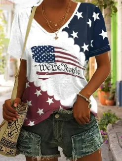 Sale Women's Patriotic T Shirt Flag American Flag National Flag Casual Red White And Blue Short Sleeve Round Neck Regular Tops Daily Print Blue Summer Women Independence Day Top