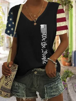 New Women's Patriotic T Shirt Graphic Flag Vintage Stylish Classic Short Sleeve V Neck Regular Tops Daily Print Black Blue Green Gray Summer Spring Women Independence Day Top
