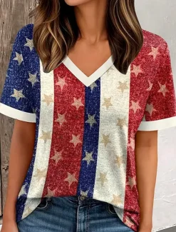 New Women's Patriotic T Shirt Graphic Star Striped Vintage Stylish Modern Short Sleeve V Neck Regular Tops Daily Weekend Print Summer Spring Women Independence Day Top
