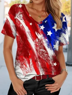 Clearance Women's Patriotic T Shirt American Flag Casual Red White And Blue Short Sleeve V Neck Regular Tops Daily Red Summer Women Independence Day Top