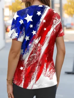 Clearance Women's Patriotic T Shirt American Flag Casual Red White And Blue Short Sleeve V Neck Regular Tops Daily Red Summer Women Independence Day Top