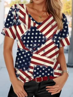 Clearance Women's Patriotic T Shirt American Flag Casual Red White And Blue Short Sleeve V Neck Regular Tops Daily Red Summer Women Independence Day Top